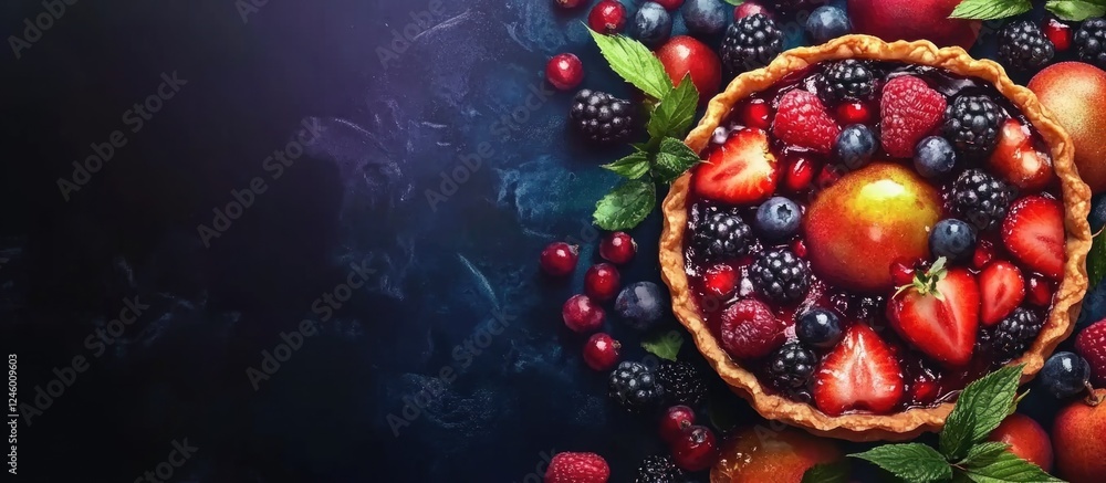 Aufkleber vibrant tartlet filled with forest fruits on dark background with space for text headers