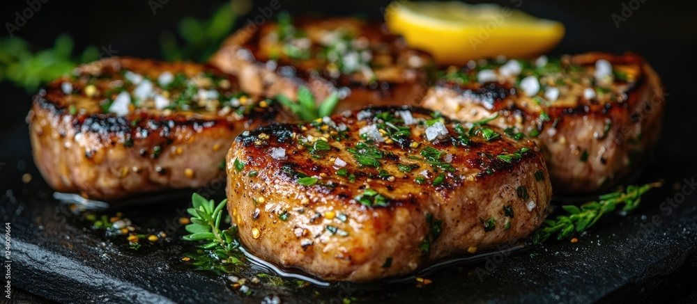 Poster garlic lemon butter pork chops on slate with fresh herbs and empty space for text