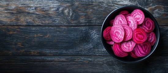 Fresh Chioggia Beets in Black Bowl on Rustic Wooden Table with Empty Space for Text or Design Elements