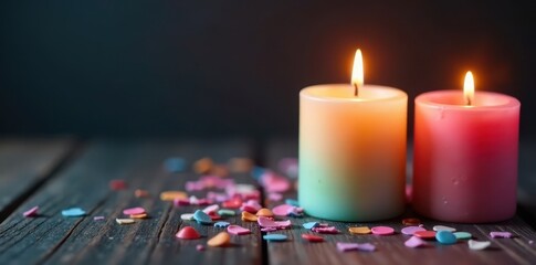 Vibrant pastel candles on dark wood, festive confetti , background, party