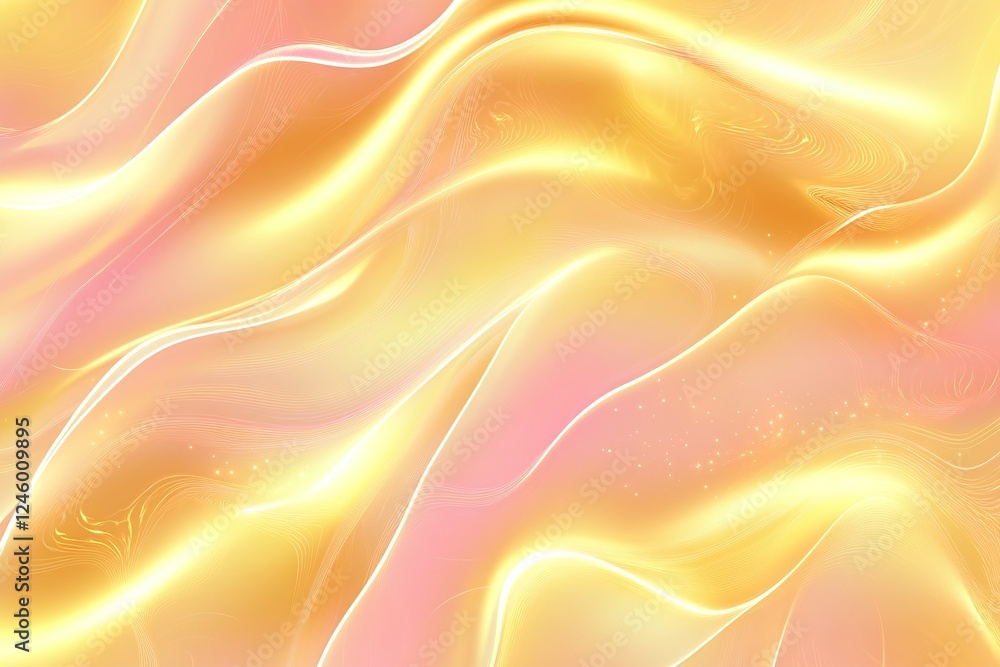 Poster golden and pink fluid abstract waves with soft light reflections and sparkling particles