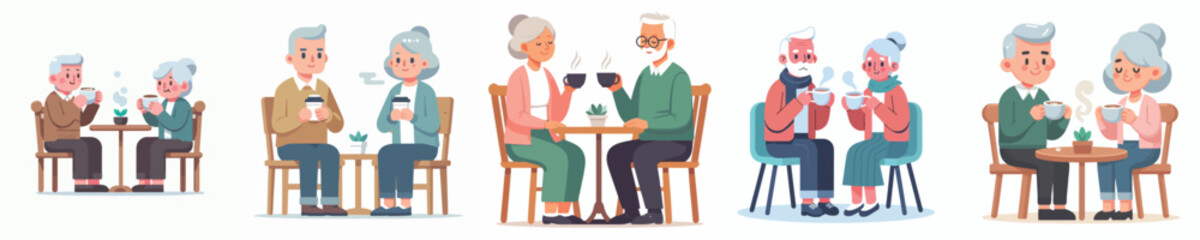 vector set of grandfather and grandmother sitting drinking coffee