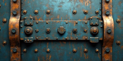 Fototapeta premium Close-up of Steampunk Metallic Plate with Rivets and Industrial Texture