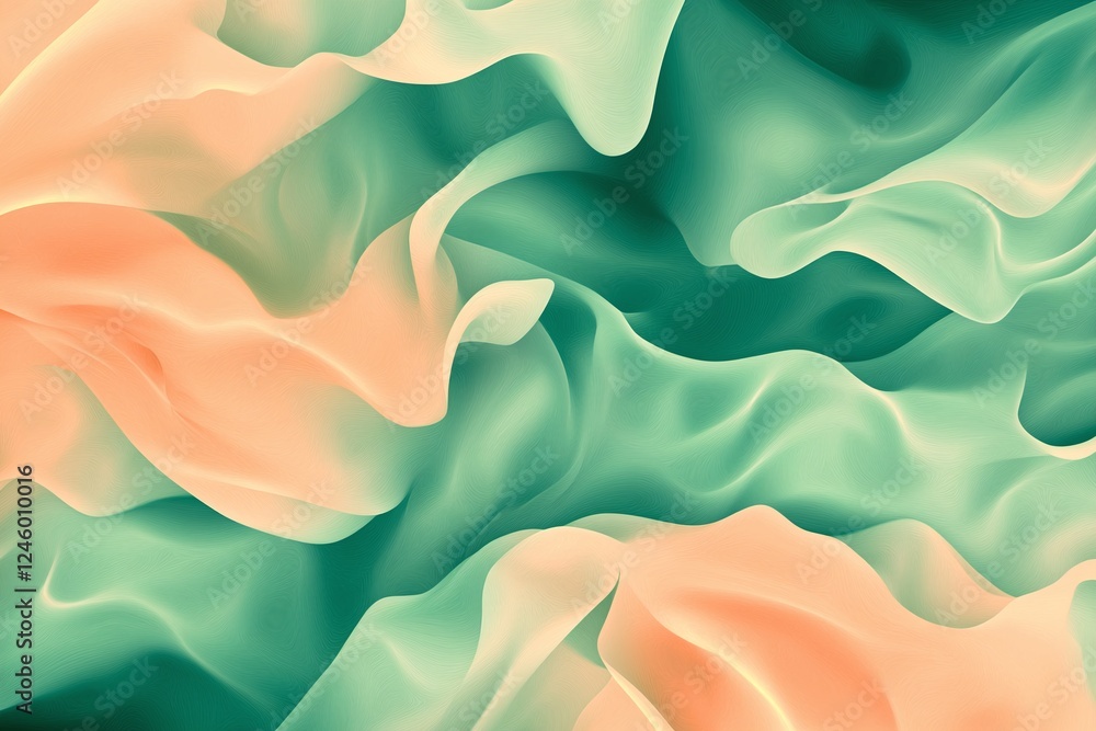 Poster abstract flowing green and peach pastel waves with soft textured fluid design background
