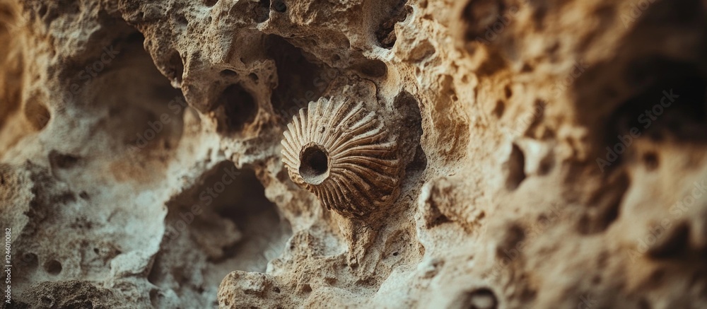 Poster fossilized marine shells embedded in ancient limestone displaying intricate patterns and textures in