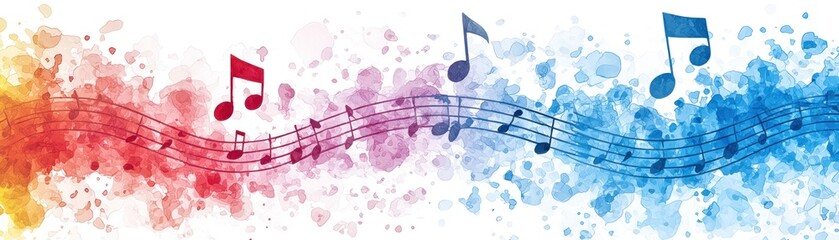 Colorful music notes flowing on watercolor background; design, header