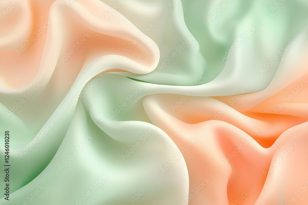 Poster soft abstract pastel green and peach flowing fabric texture with smooth folds and waves