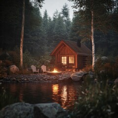 Fototapeta premium Secluded cabin, fire, lake, forest, evening.