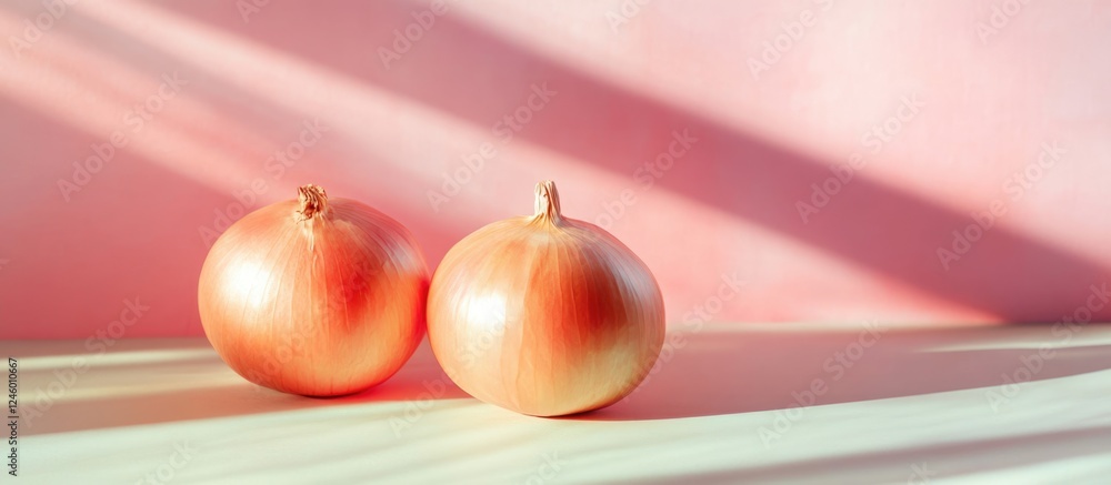 Poster fresh onions on soft colored background with natural light and space for text or design elements
