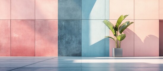 Geometric Pastel Wall Panels with Urban Aesthetic and Space for Text Featuring a Potted Plant in Modern Interior Design