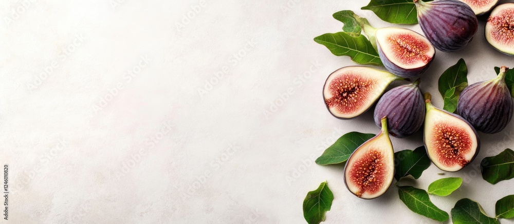 Aufkleber fresh whole and sliced figs surrounded by green leaves on a light background with ample blank space 
