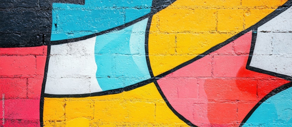 Poster vibrant urban graffiti wall with colorful abstract patterns and blank area ideal for text placement 