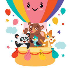 Naklejka premium Animals Flying With Air Balloon