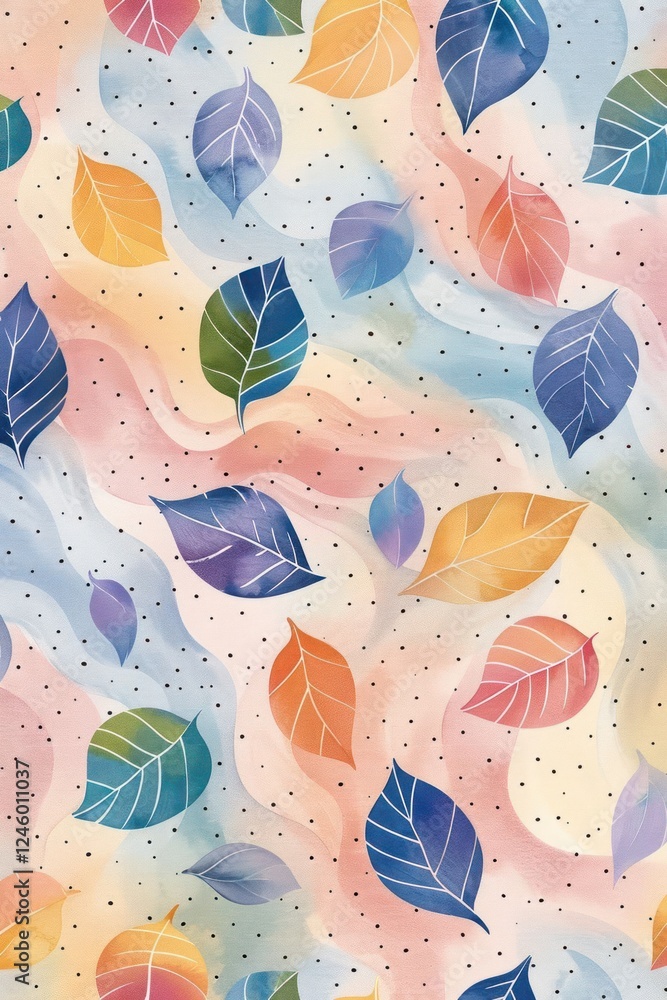Poster colorful abstract pattern featuring various leaves on a soft pastel background with subtle textures