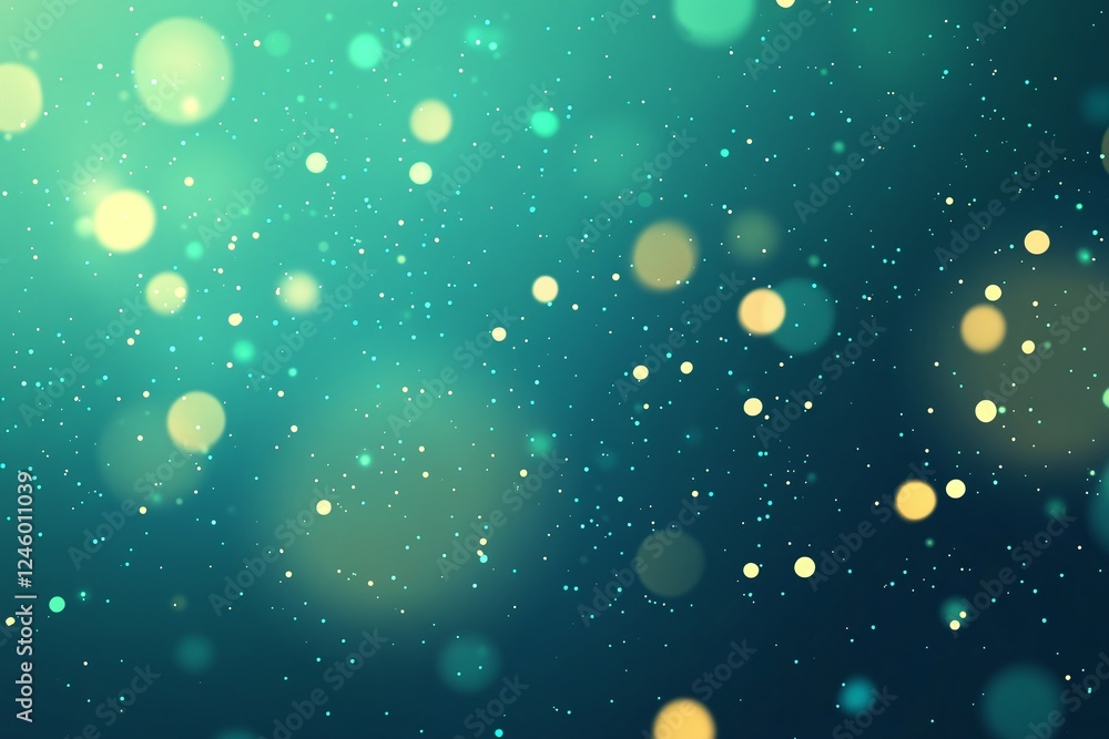 Poster glowing abstract gold and teal light bokeh particles on a dark gradient background