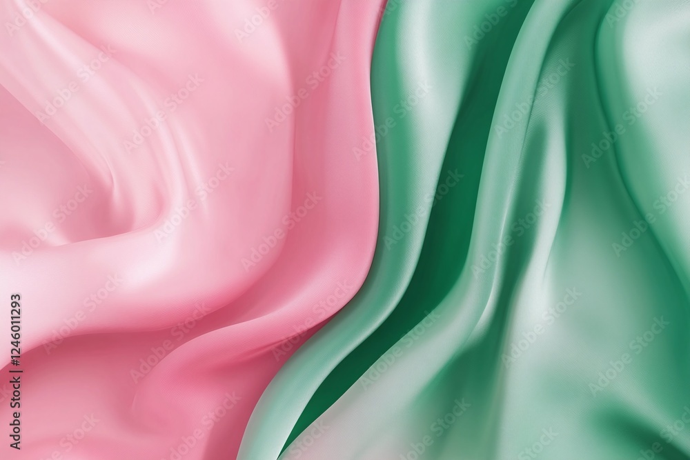 Poster soft pink and green satin fabric textures flowing in wavy abstract pattern with smooth shiny finish