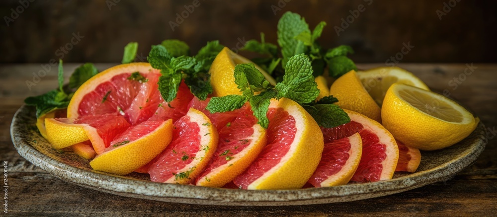 Poster freshly sliced lemon and grapefruit with mint leaves displayed on a rustic plate, ideal for summer r