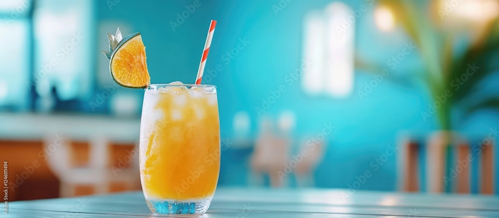Poster refreshing tropical cocktail with a slice of orange and straw on a table in a bright, inviting bar s