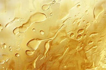 Close Up of Golden Liquid Drops with Shiny Textured Background Representing Freshness and Luxury