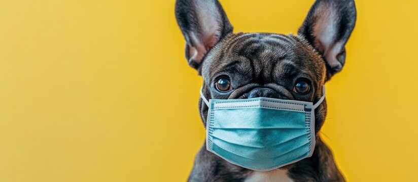 French Bulldog in face mask against bright yellow background symbolizing health awareness with space for text and COVID-19 message