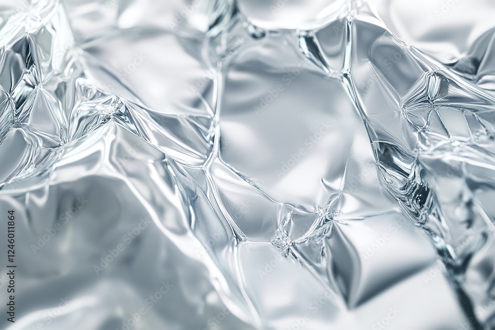 Poster reflective wrinkled silver metallic foil texture with shiny abstract pattern and soft highlights