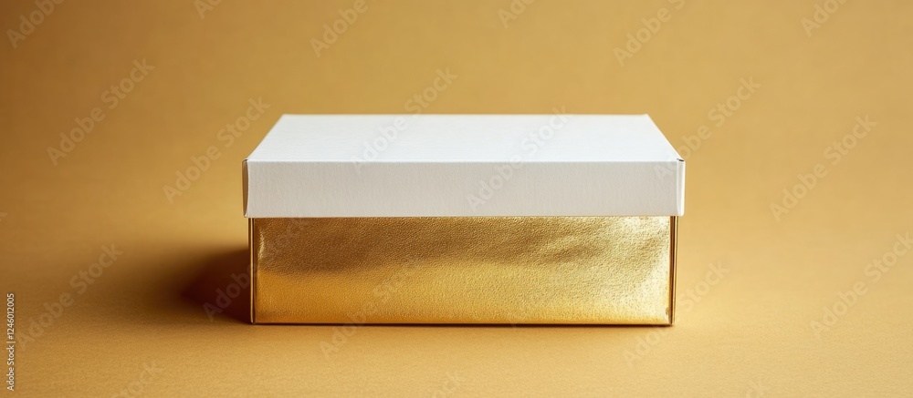 Poster elegant gold and white cardboard box isolated on warm background with blank space for text or brandi