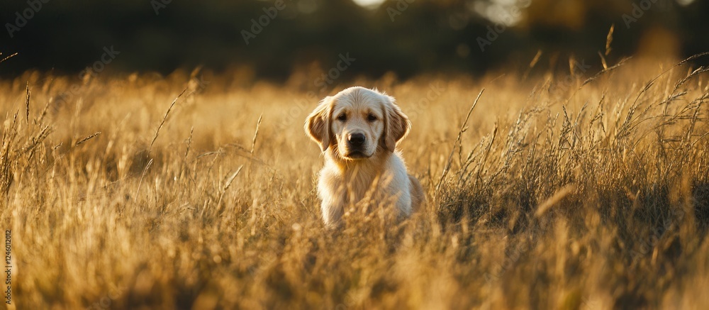 Poster golden retriever puppy sitting in a sunny grassy field with blurred background and ample space for a