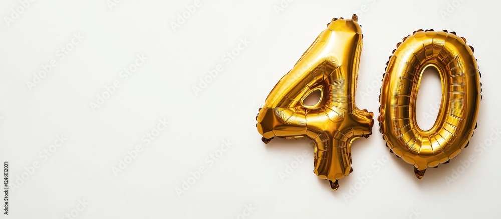 Poster golden helium balloons in the shape of the number 40 on a white background with ample copy space for