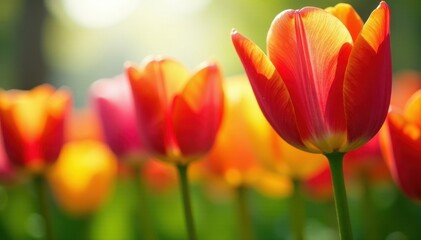 Closeup of colorful tulips, sunlight on petals, nature, flowers