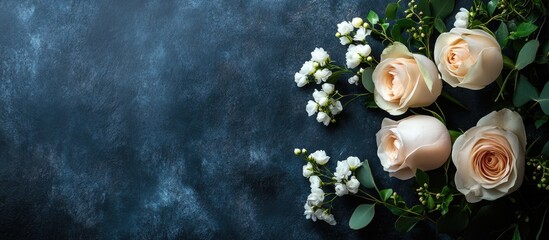 Elegant Floral Arrangement for Memorial Services with Soft Pastel Roses and Space for Tribute Message on Dark Background