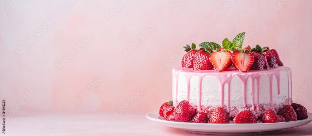 Poster fresh strawberry cake with dripping icing and garnished with berries and mint on a light background 