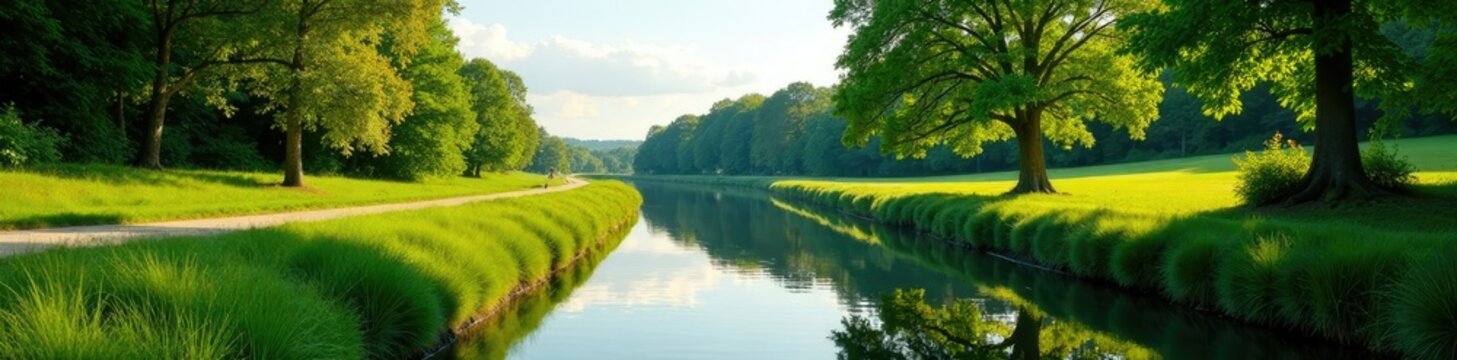 Vue de canal avec chemin de halage sur la droite, verdure, bord