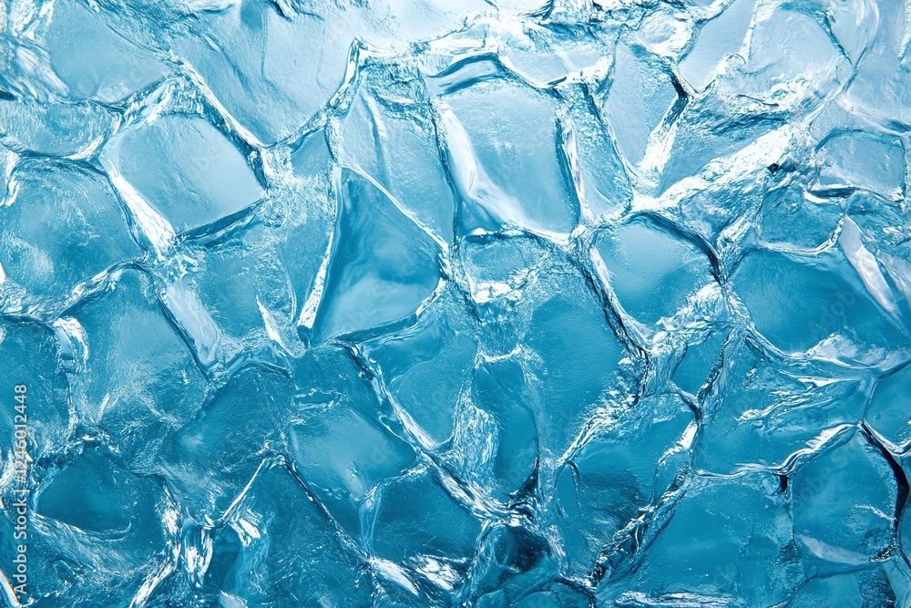 Poster closeup view of blue cracked ice texture with abstract geometric patterns background