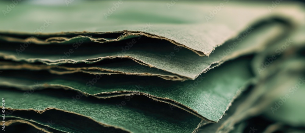Poster close-up view of stacked green cardboard sheets highlighting texture and layers for a natural and su