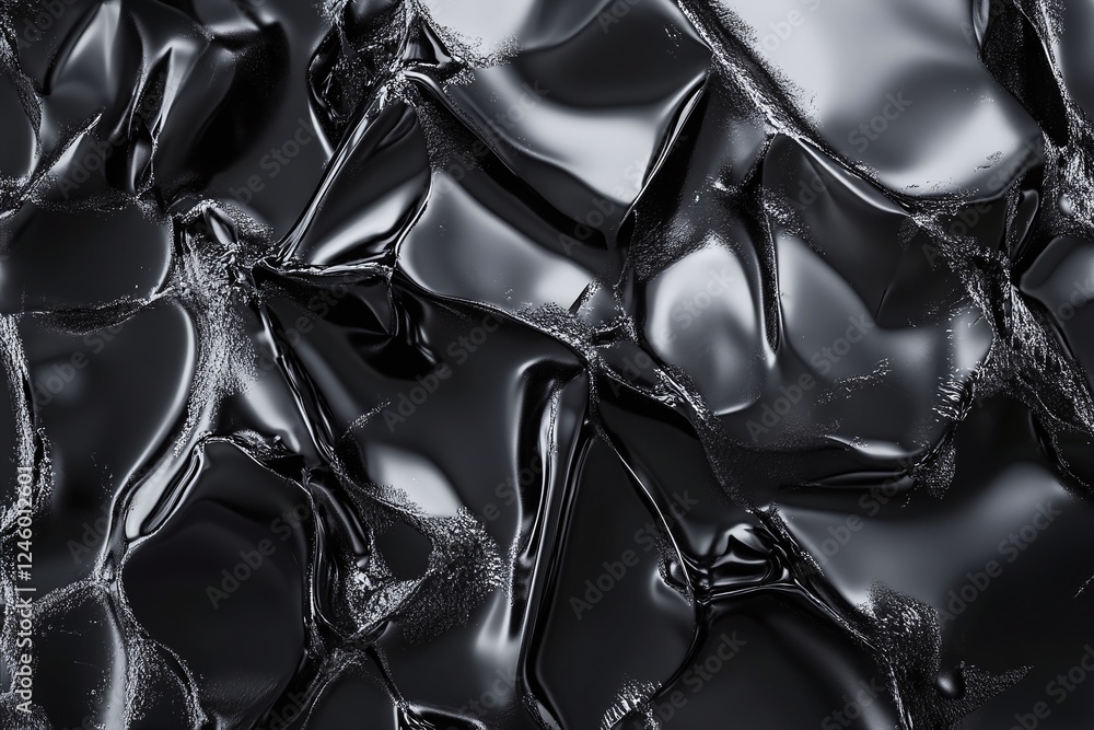 Poster shiny black wrinkled metallic surface with abstract reflective texture in modern minimalist design