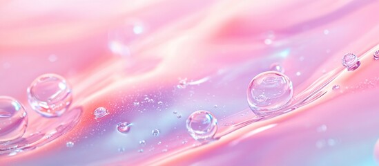 Clear liquid cosmetic gel texture with bubbles on a soft pastel background for skincare and beauty product visuals