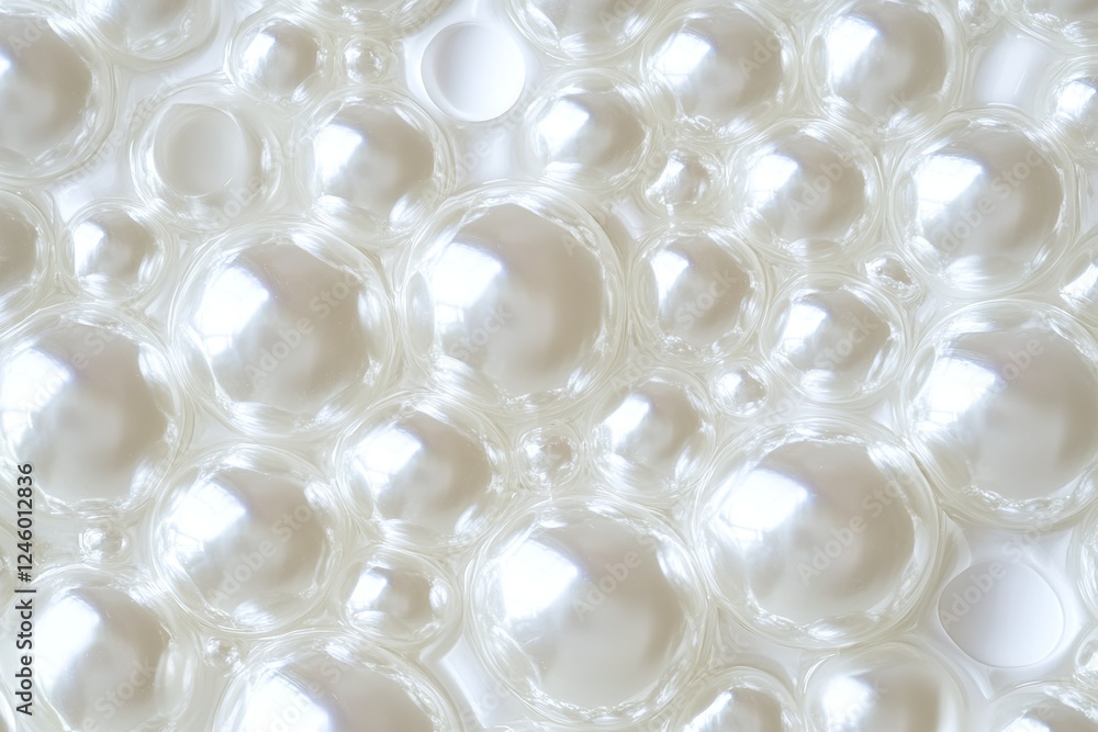 Poster closeup of shiny white pearlescent bubbles in abstract light reflection background texture
