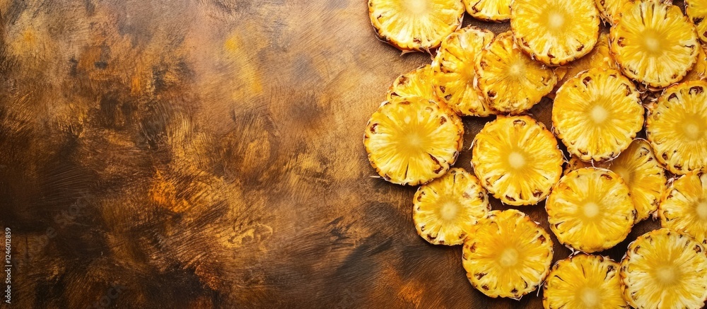 Poster fresh pineapple slices arranged on rustic wooden surface with blank space for text or branding