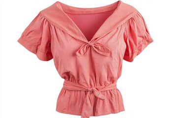 Stylish Pink Blouse with Bow Tie and Ruffled Sleeves on White Background