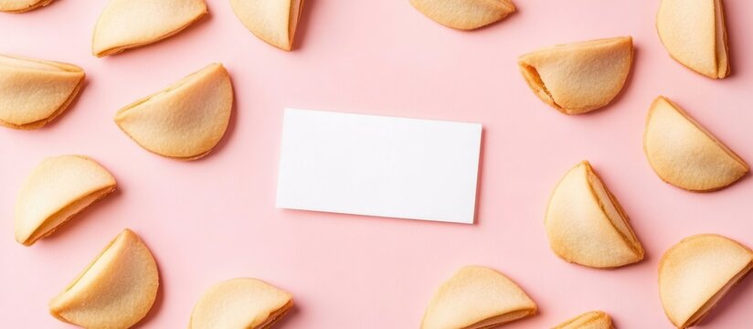 Fortune cookies arranged on a pink background with a blank note for personalized messages or wedding event announcements.
