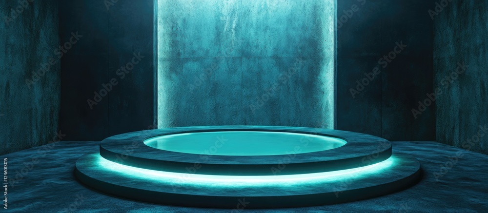 Poster futuristic podium display with glowing circular floor in a dark setting ideal for product showcases 