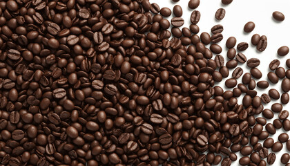 Obraz premium Roasted coffee beans scattered on white background