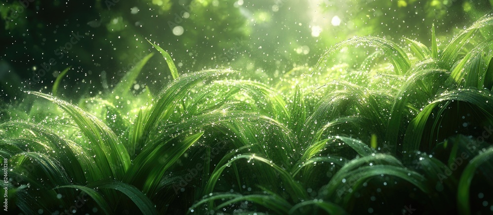 Poster lush green grass background with dew drops in a vibrant natural setting illuminated by soft sunlight