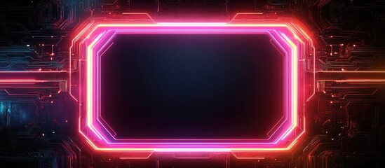 Futuristic neon cybernetic chip background with glowing frame and dark empty space for customizable text or graphic elements