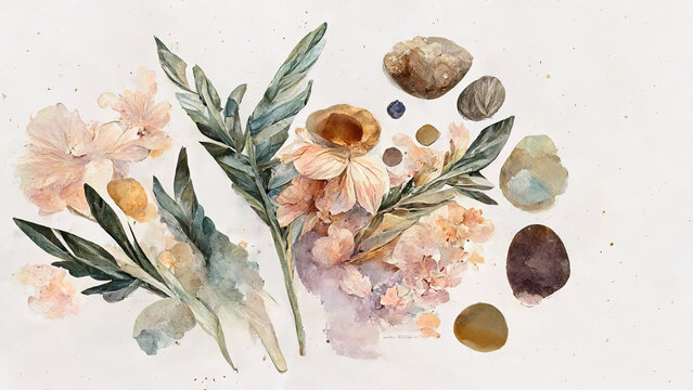 Watercolor painting featuring a delicate arrangement of purple and pink flowers with green leaves. AI generated.