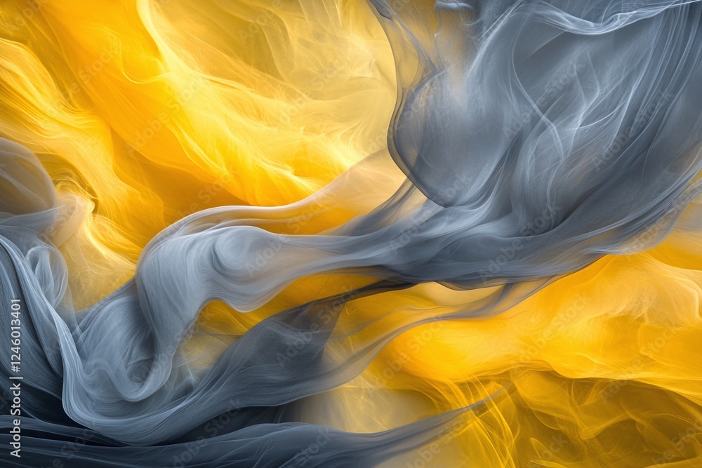 Poster abstract flowing yellow and gray smoke textures with soft motion and ethereal transparent layers