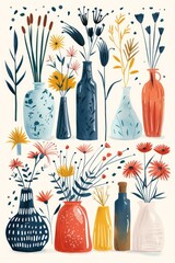 A vibrant collection of decorative vases with various flowers, set against a light background