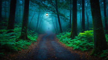 Obraz premium A moody, atmospheric image of a dimly lit forest path, with an old lantern illuminating the surrounding area