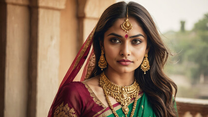 Obraz premium A beautiful young woman wearing a traditional saree