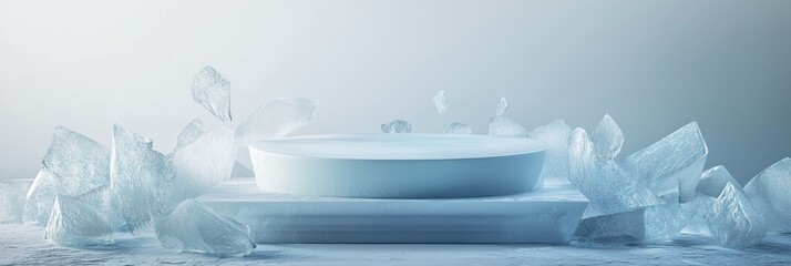 Geometric podium surrounded by ice blocks in a serene setting